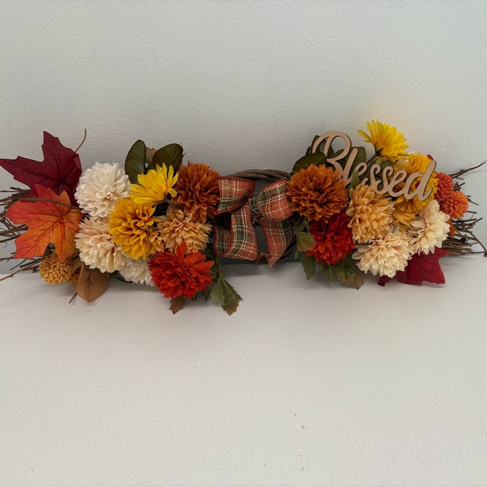 Handmade Autumn Floral Arrangement with 'Blessed' Sign